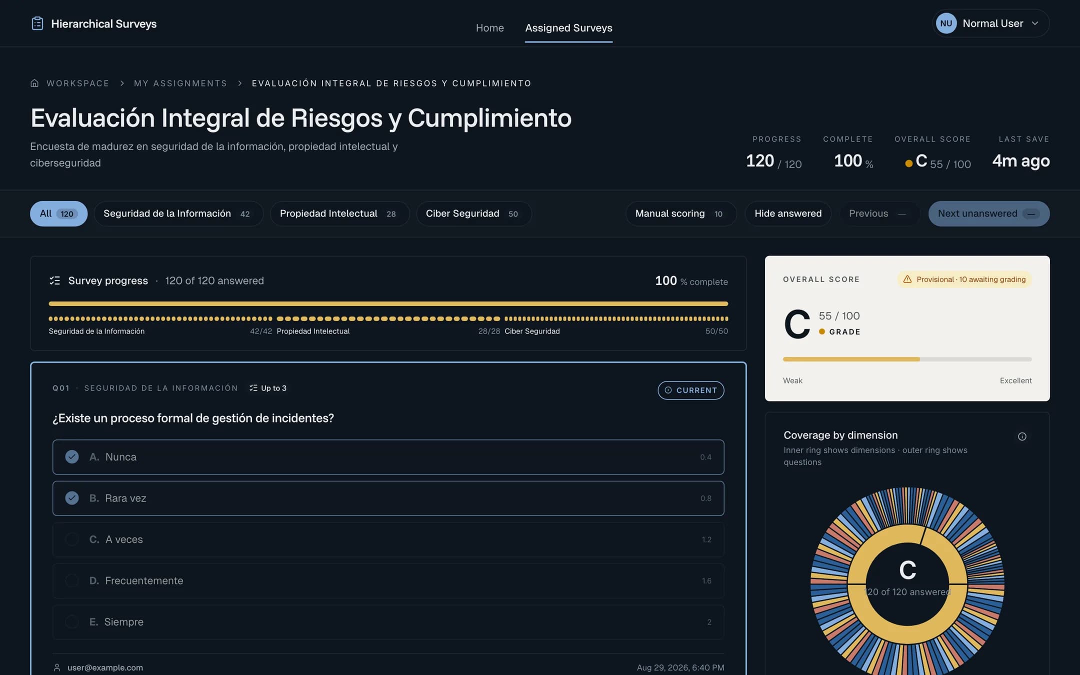 Response view of an assigned evaluation, showing progress by dimension, the question being answered with its weighted options, and the overall score panel.