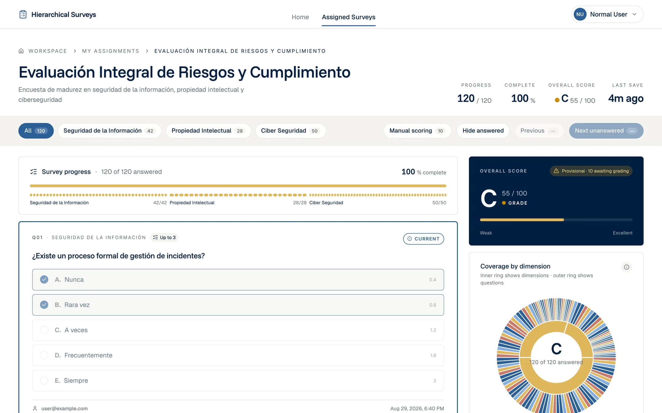 Response view of an assigned evaluation, showing progress by dimension, the question being answered with its weighted options, and the overall score panel.